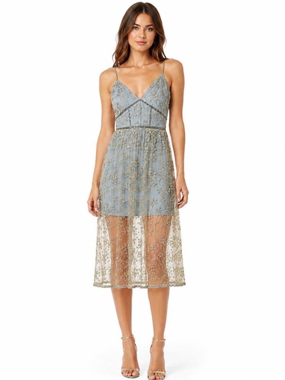 Self-Portrait Dusty Blue Slip Dress with Gold Lace Overlay